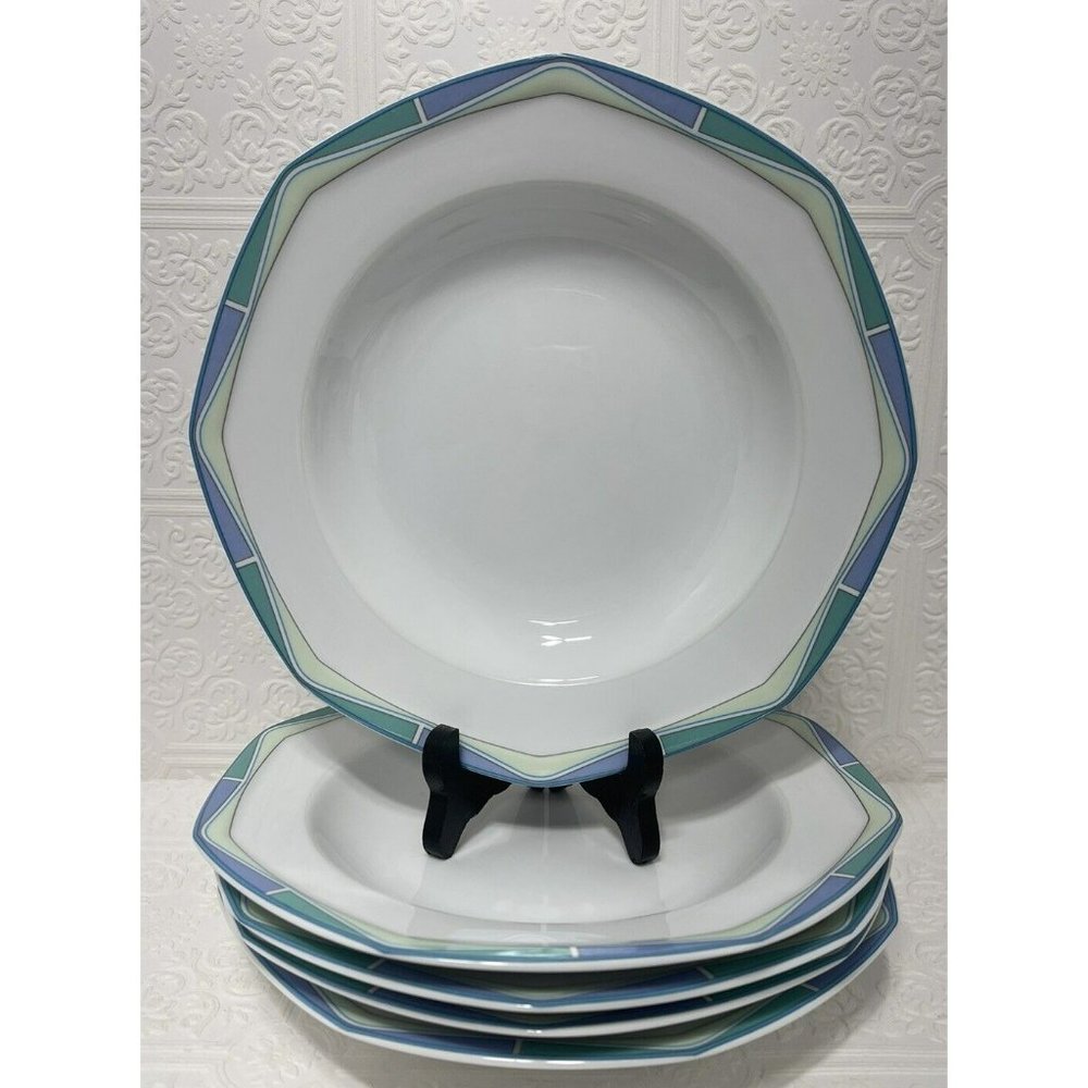 Christopher Stuart Acclaim Rim Soup Bowls 9.25" Lot of 5 Art Deco Style